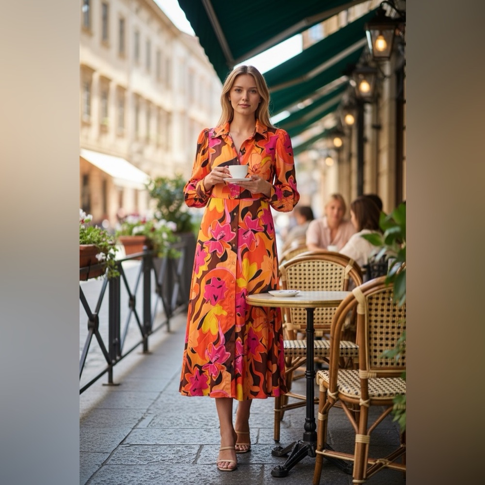 LOVE BY DESIGN Pink & Orange Floral Multicolor Satiny Maxi Dress SZ M